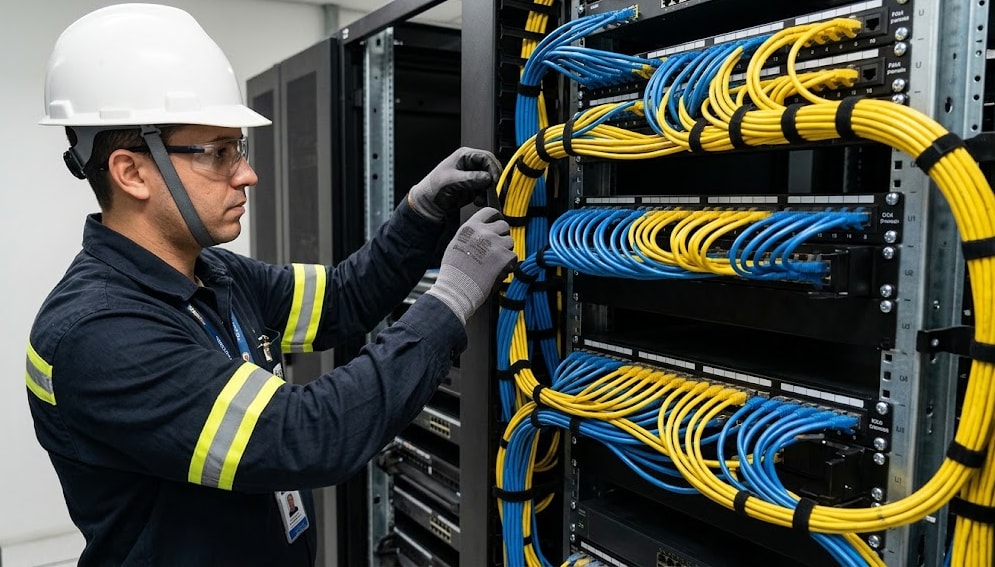 Data center rack with bundles of blue and yellow network cables organized with hook-and-loop straps, patch panels and a switch