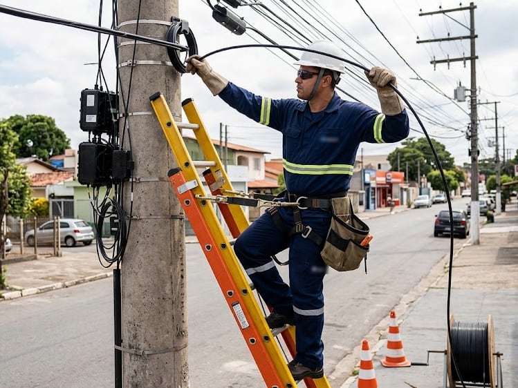 Technician in a hard hat and navy uniform on a ladder against a concrete pole, running aerial fiber optic cable on a street with traffic cones and a cable reel